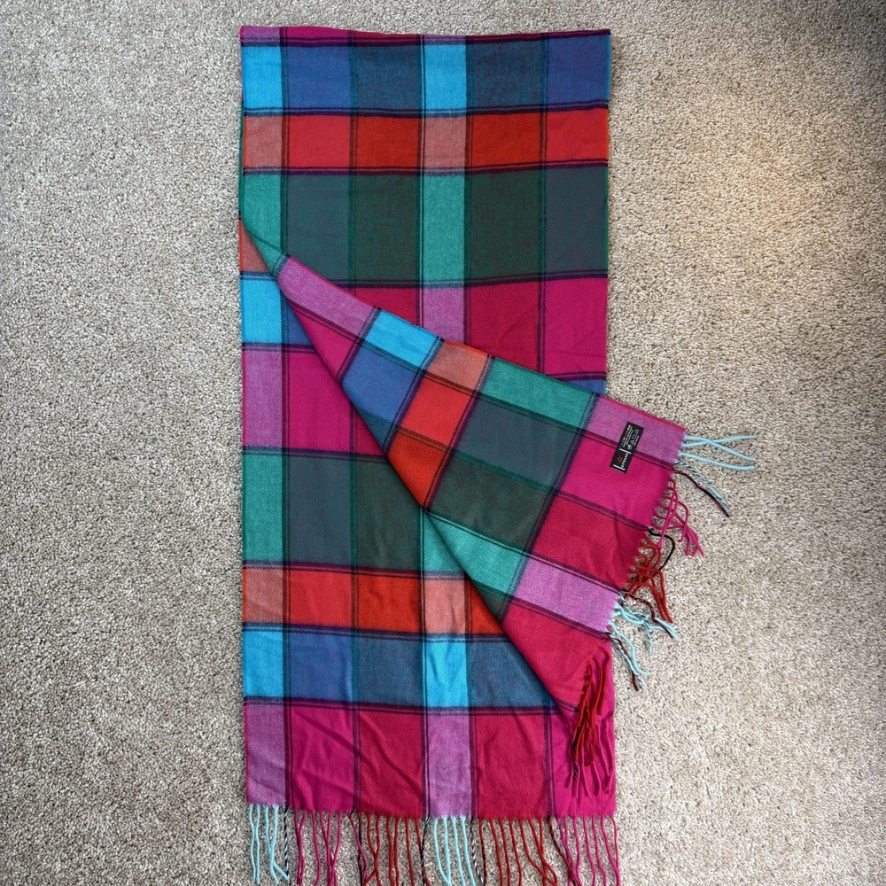 V. Fraas Scarf Womens One Size Multicolor Plaid Flannel Fringe Cashmink Germany